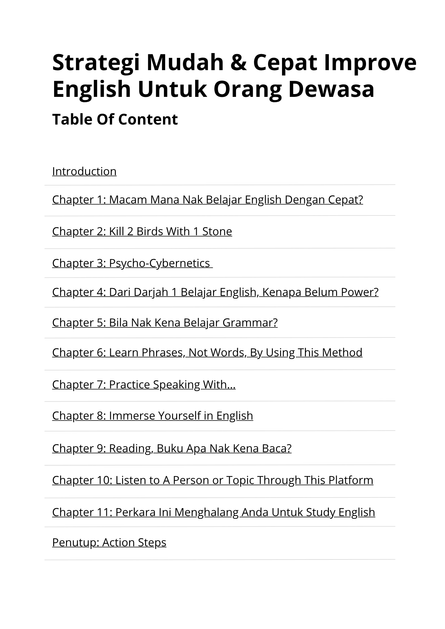 Halaman isi kandungan ebook, menyenaraikan 11 bab