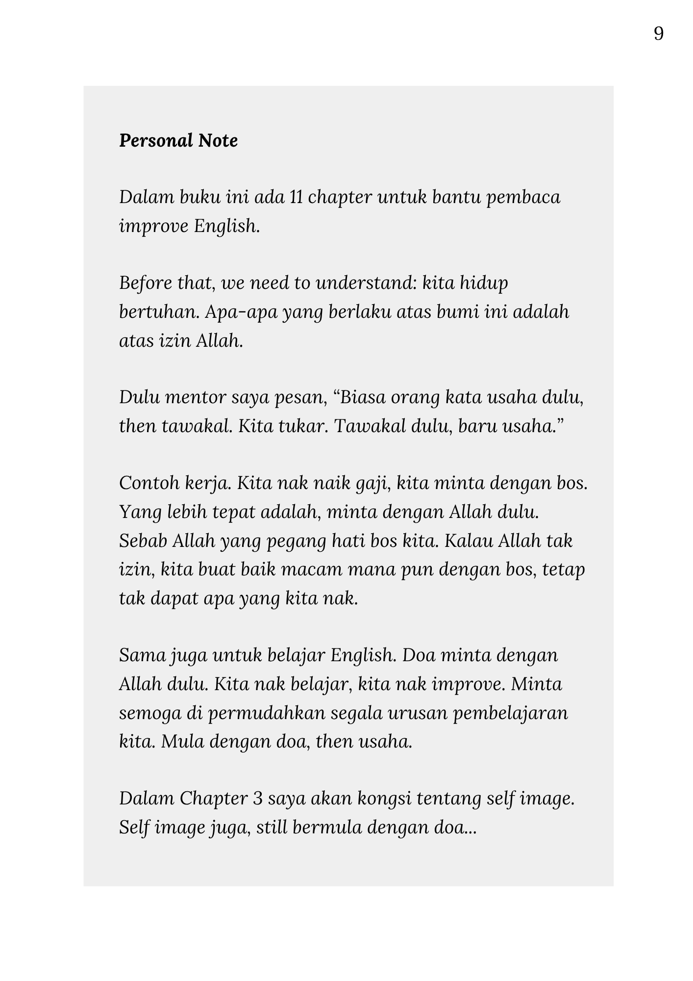Halaman Personal Note tentang tawakkal dan usaha, muka surat 9